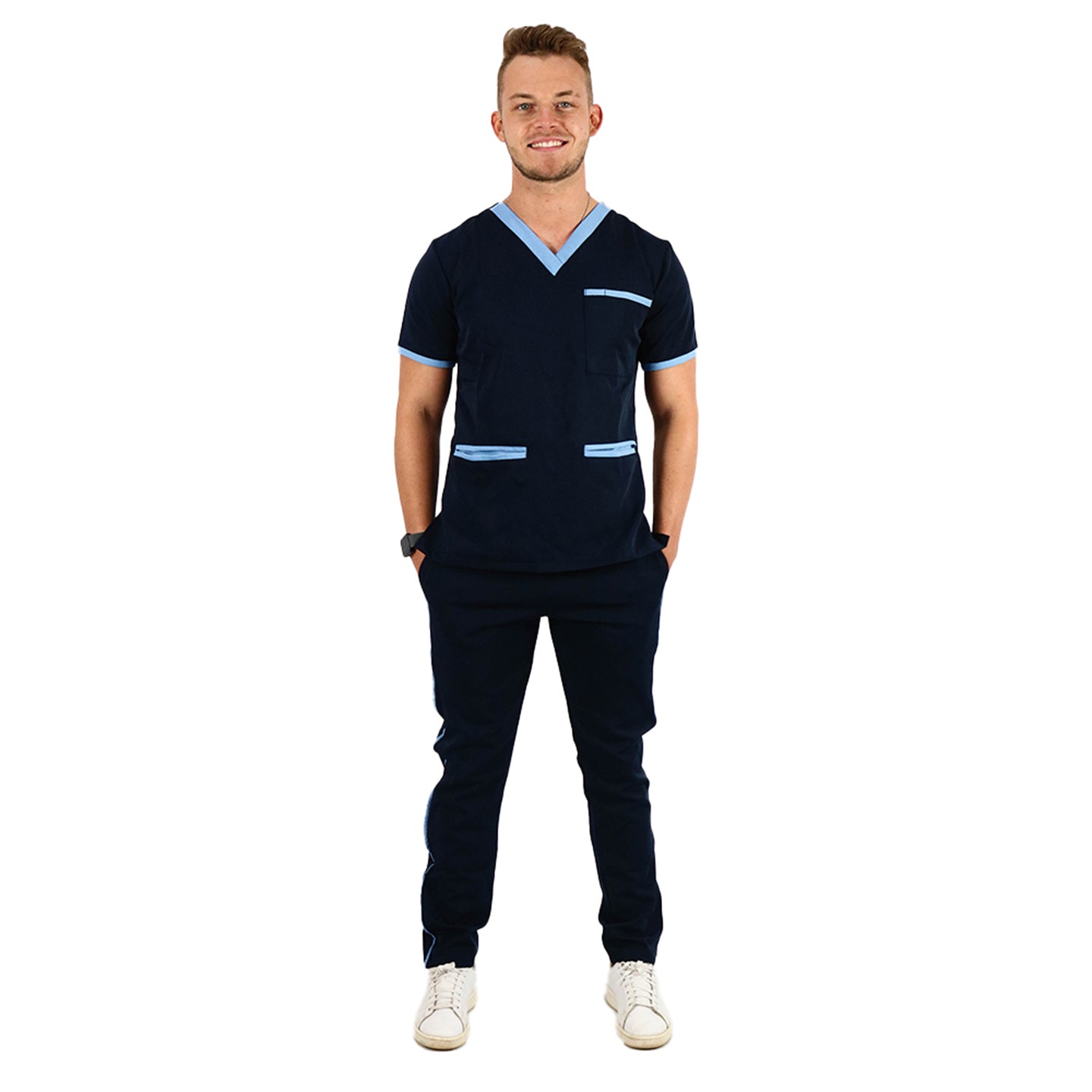 Male Amalfi Blue with Sky Trim Scrub Set