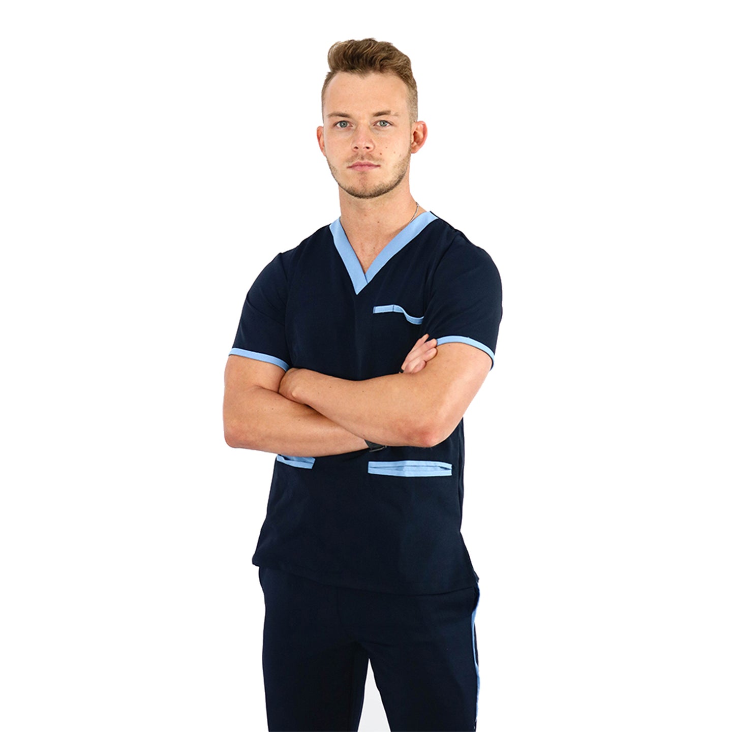 Male Amalfi Blue with Sky Trim Scrub Set